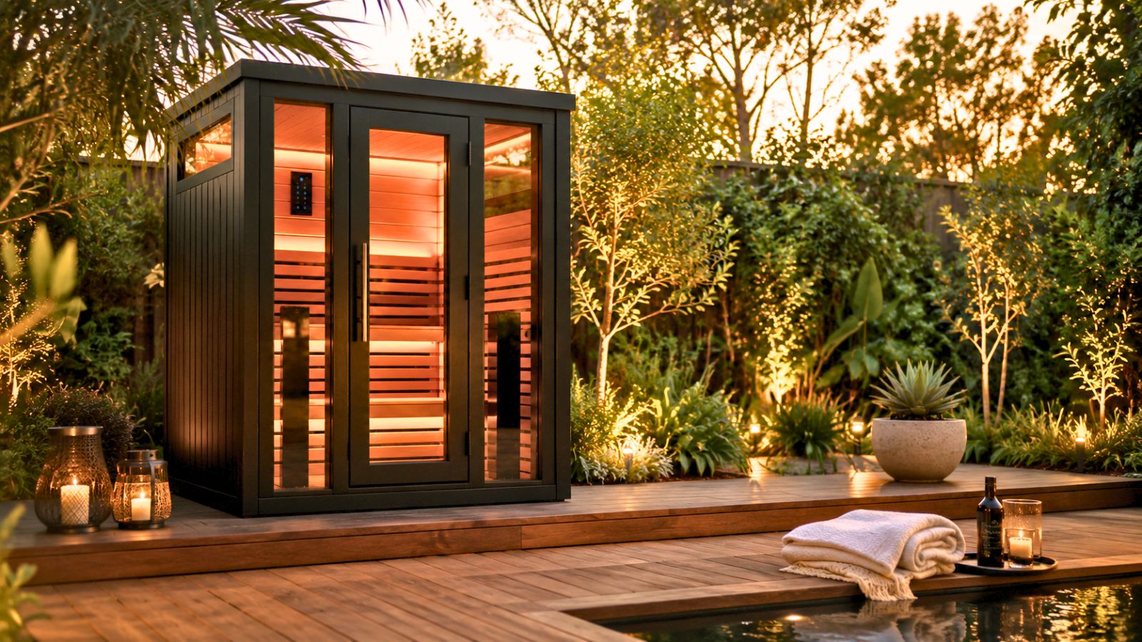 An outdoor infrared sauna at dusk beside a pool, surrounded by lush garden and candlelight.