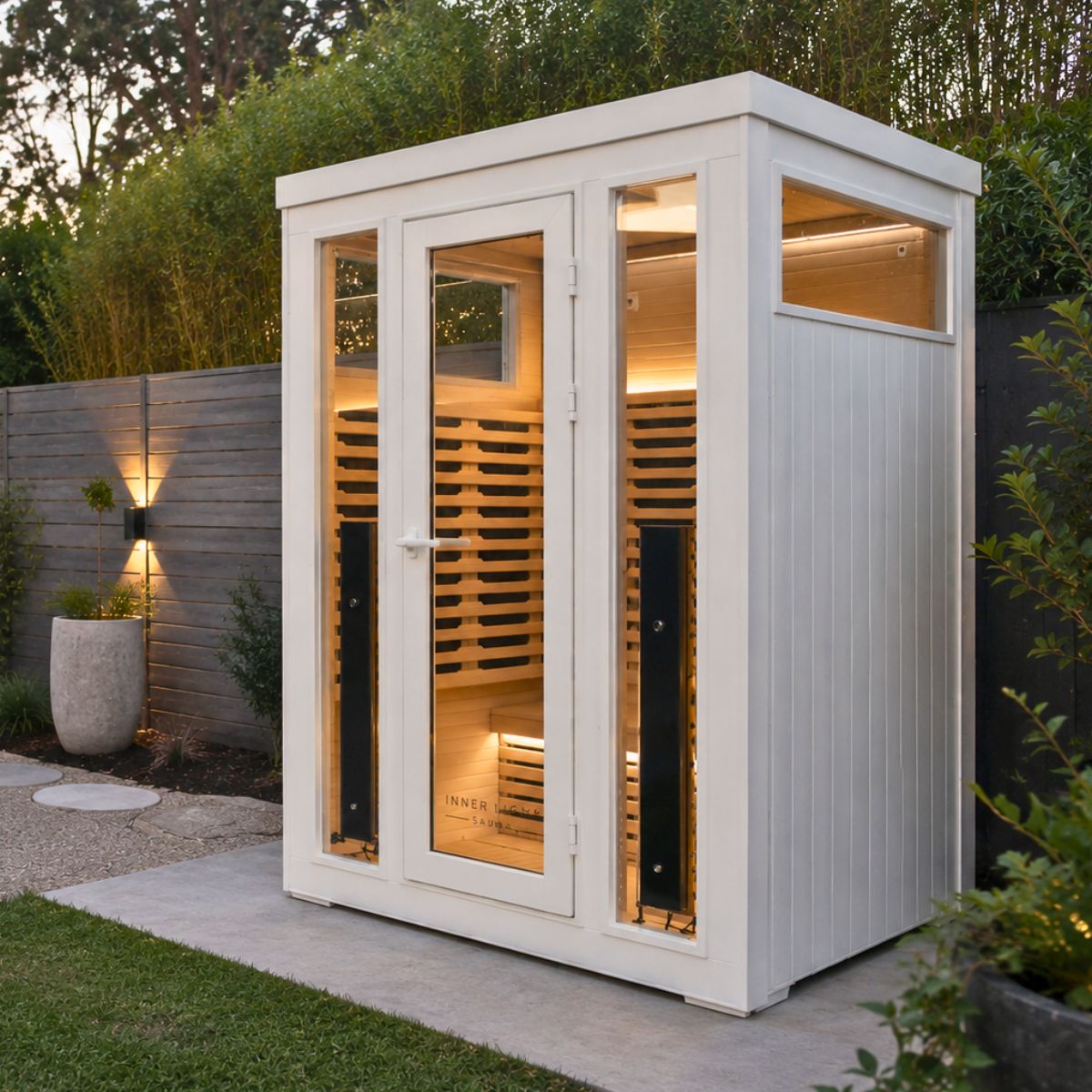 Innerlight Bella 3 sauna in white, set in a landscaped Australian garden